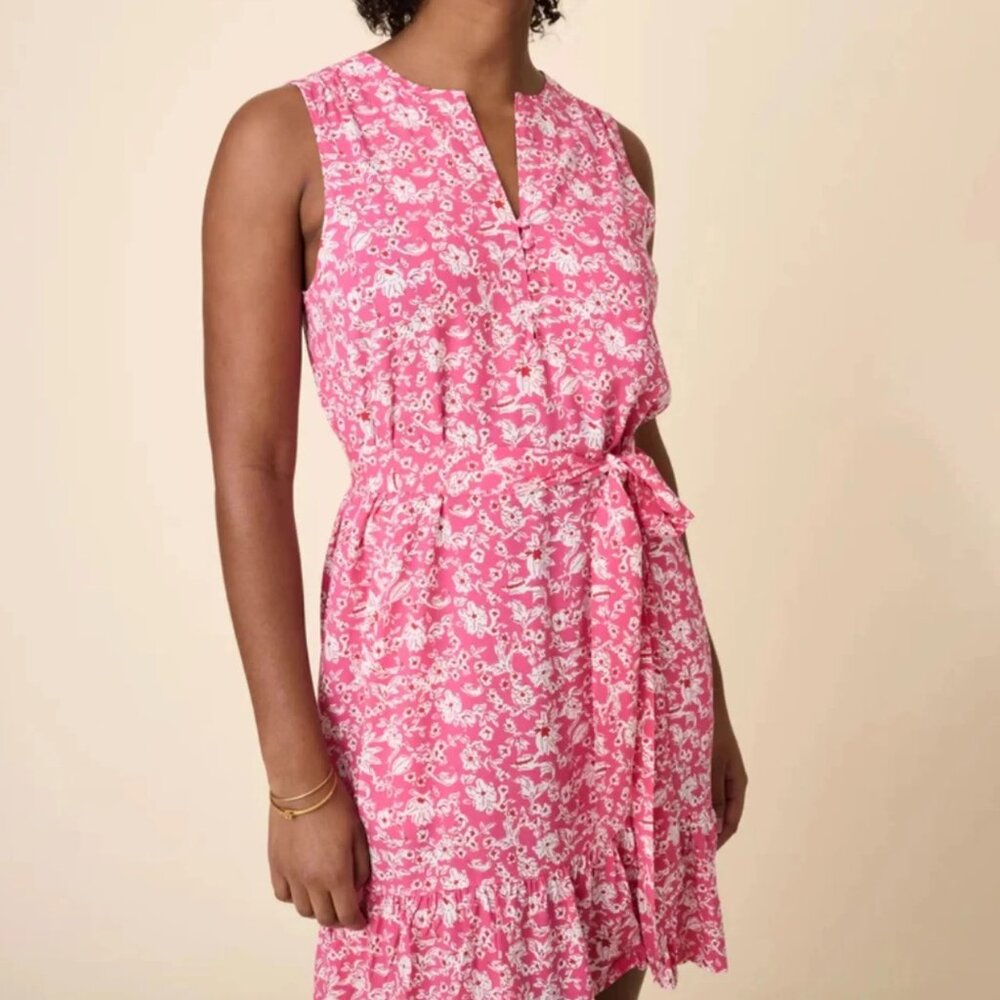Untuckit Lucy Rayon Pink & White Floral Sleeveless Dress Side Pocket Size L